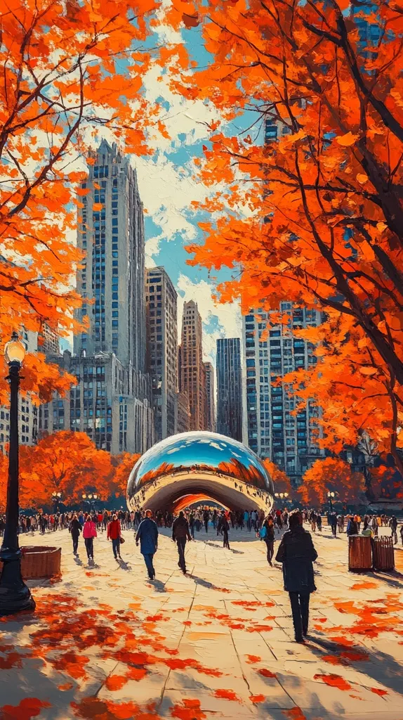 Here's a description of the image:

The painting depicts a vibrant autumn scene in a city, likely Chicago, featuring the Cloud Gate sculpture ("The Bean").  Tall skyscrapers rise behind a walkway strewn with fallen orange leaves.  People stroll past the reflective sculpture, their shadows elongated by the sun.  Overarching branches of trees with fiery orange leaves frame the cityscape, creating a dramatic contrast between the urban architecture and the autumnal landscape. The style is painterly, with visible brushstrokes adding texture and depth to the image. The overall mood is one of serene beauty and urban tranquility in the fall.