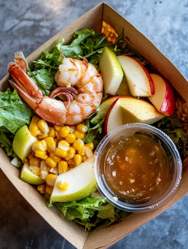 Here's a description of the image:

A high-angle, close-up shot shows a vibrant salad in a brown cardboard takeout container.  The salad features a large, cooked shrimp prominently displayed on a bed of mixed greens.  Sliced green and red apples, sweet corn kernels, and a small cup of light brown dressing complete the dish. The overall presentation is fresh, appealing, and suggests a healthy meal option. The background is a subtly textured gray surface.