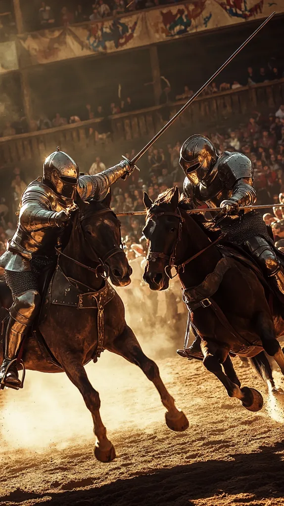 Two knights in full plate armor, mounted on powerful horses, engage in a fierce joust.  Their lances are crossed, a cloud of dust rising from their thundering hooves as they clash in a spectacle before a large, cheering crowd in a medieval arena. The scene is bathed in warm, golden light, enhancing the dramatic intensity of the contest. The knights' focus is unwavering, their armor gleaming under the sun.