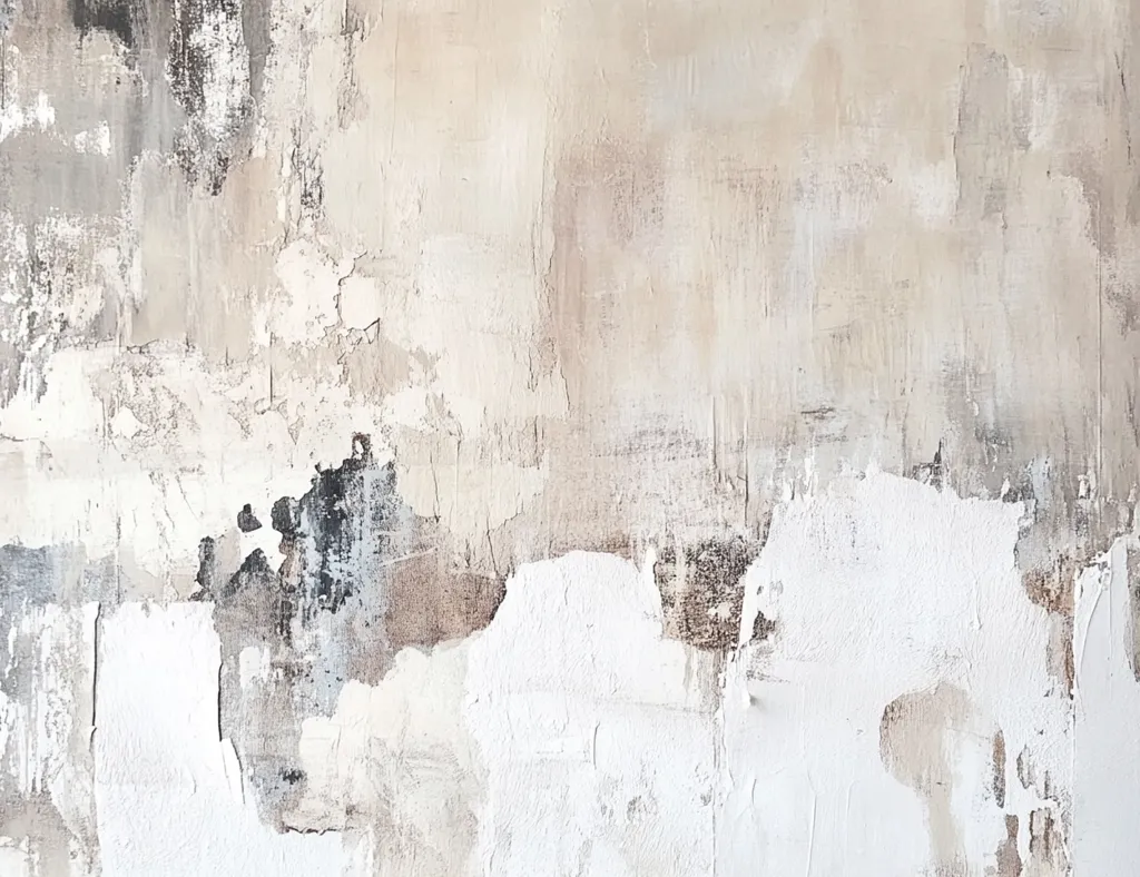 The image presents an abstract painting dominated by a neutral palette of whites, grays, and beige.  The texture is heavily emphasized, with visible brushstrokes and areas where the paint appears layered or scraped away, creating a sense of depth and age.  The composition is non-representational, focusing instead on the interplay of color and texture to evoke a mood of subtle elegance and quiet contemplation.  The overall effect is one of understated beauty.