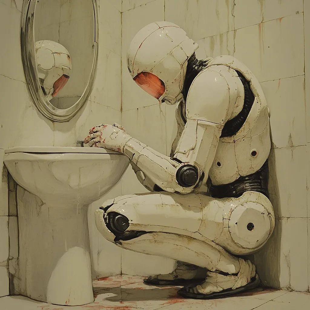 A weathered white robot, clad in a damaged suit and helmet, crouches before a porcelain sink in a tiled bathroom.  Its hands rest on the sink, stained with a crimson substance suggesting injury or violence.  The robot's posture conveys dejection or despair. The scene is rendered in muted, sepia tones, creating a somber and desolate atmosphere, emphasizing the robot's isolation. A mirror reflects a distorted image of the robot's head, enhancing the feeling of loneliness.