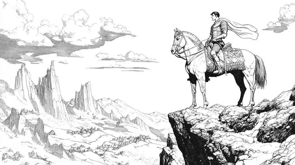 A black and white illustration depicts a man in Roman-style attire riding a horse atop a rocky cliff overlooking a vast, mountainous landscape. The horse is light-colored, and the rider's cape billows slightly in the wind. The mountains in the distance are rendered with detailed hatching, suggesting depth and texture. The sky is filled with fluffy clouds, creating a dramatic contrast against the stark landscape. The overall style is reminiscent of classic comic book or fantasy illustration.