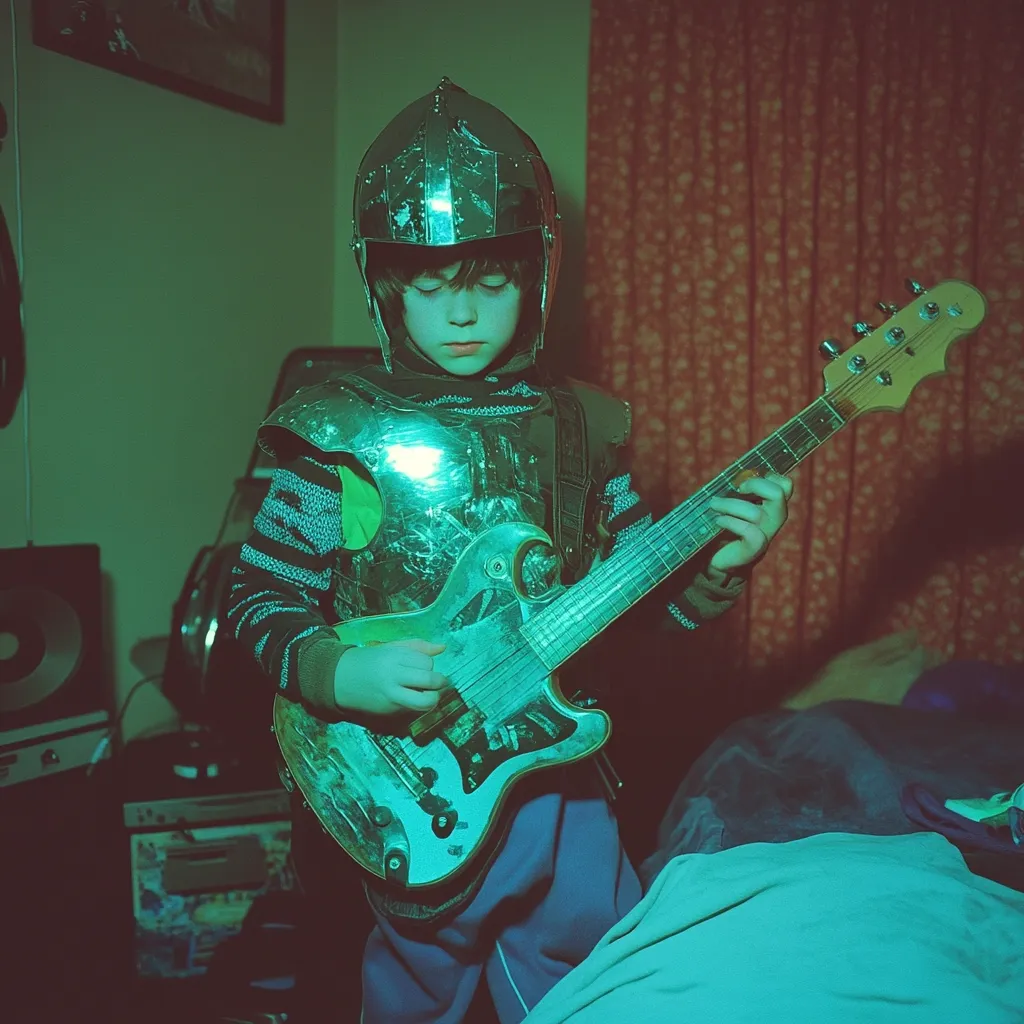 A young boy, donned in a metallic silver knight's helmet and armor, sits in a dimly lit room.  He intently plays a worn electric guitar, its body seemingly as aged and weathered as his costume. The green-tinged light casts a dramatic glow on the scene, highlighting the contrast between the medieval attire and the modern instrument. The overall atmosphere is one of quiet concentration and imaginative play.