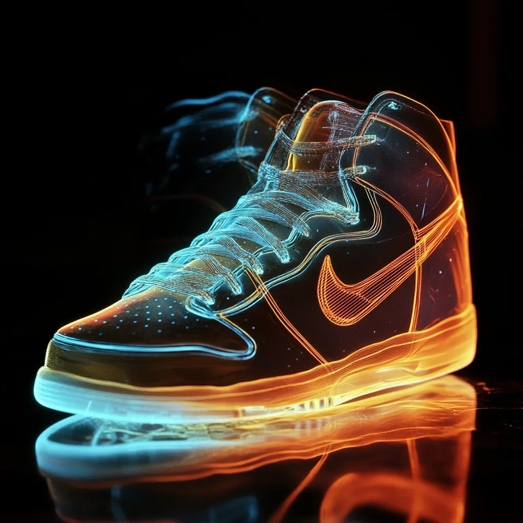 Here's a description of the image:

The image showcases a Nike Dunk sneaker, rendered in a striking, almost ethereal, style.  The shoe appears translucent, with its form outlined in vibrant, glowing lines of orange and blue.  The Nike swoosh is clearly visible, rendered in the same luminous style. The shoe is displayed on a dark, reflective surface, creating a mirrored reflection that intensifies the neon effect. The overall impression is one of futuristic energy and technological artistry.