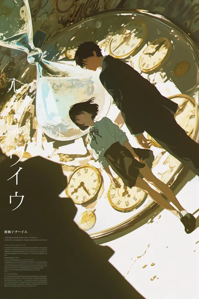 The image is anime-style artwork, likely a movie poster. A young man and woman stand amidst the wreckage of a giant hourglass filled with numerous antique clocks.  The color palette is muted, with earth tones and soft lighting. The characters' expressions are subdued, suggesting a melancholic or serious tone.  The overall aesthetic is one of faded grandeur and lost time, emphasized by the broken clocks and the hourglass's shattered state. The Japanese text suggests a title or tagline.