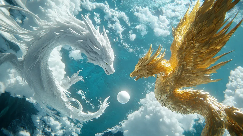 A breathtaking digital artwork depicts a majestic white dragon and a radiant golden phoenix facing each other amidst a vibrant blue sky dotted with fluffy white clouds.  The dragon's scales appear smooth and ethereal, while the phoenix's plumage is intricately detailed and shimmering. A luminous orb floats between them, enhancing the mystical atmosphere. The overall composition suggests a harmonious balance between opposing forces or elements.