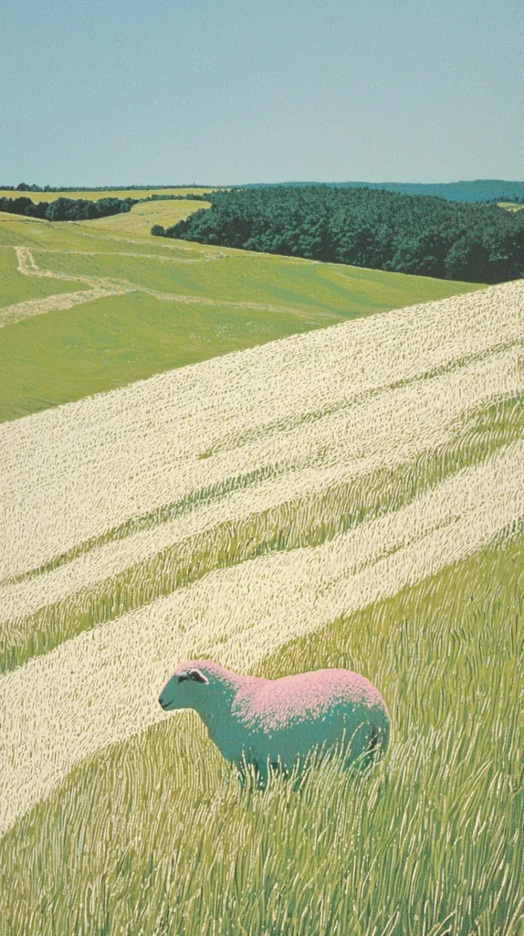 A lone sheep, rendered in muted teal and pink, grazes in a field of tall, pale green grass.  The rolling hills in the background are a mix of vibrant green pastures and darker green woodland.  The overall color palette is soft and tranquil, evoking a sense of peaceful countryside under a clear, light blue sky. The image appears to be a stylized print, with visible texture in both the sheep's wool and the grass. The scene is serene and pastoral.