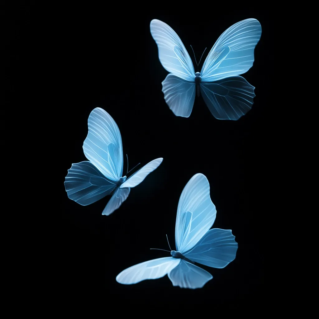 Three pale blue butterflies are captured in flight against a stark black background.  Their wings are translucent, appearing almost ethereal.  The butterflies are positioned at different angles, creating a sense of movement and grace.  The image is striking due to the high contrast between the light butterflies and the dark background, emphasizing their delicate beauty.