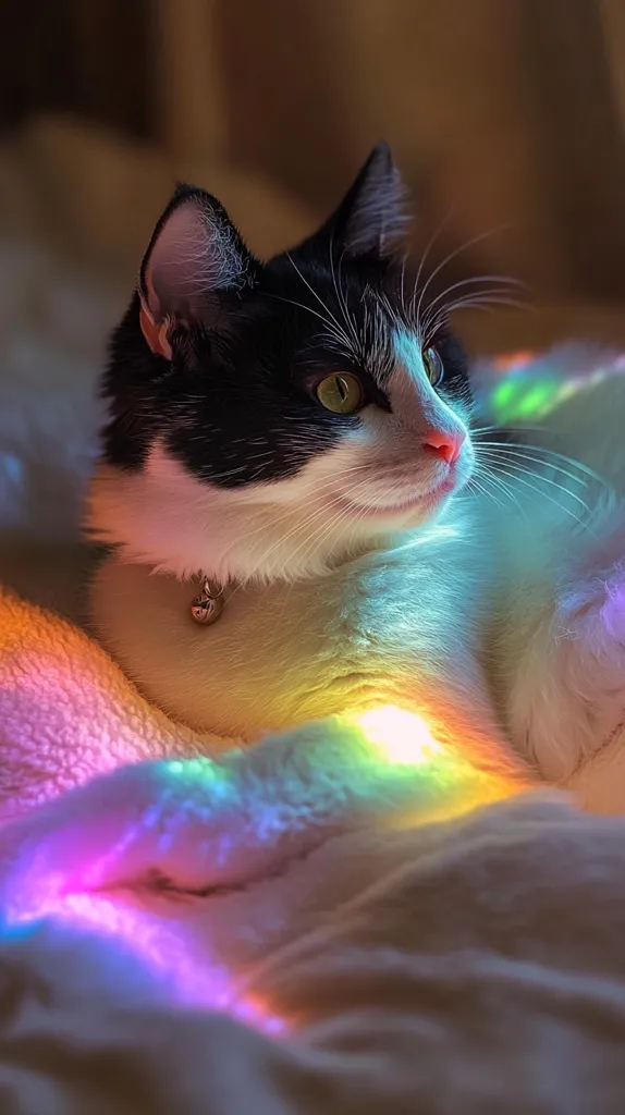 Here's a description of the image:

A tuxedo cat, predominantly black with white markings on its chest and face, rests on a fluffy white blanket.  The cat is alert, gazing towards the upper right corner of the frame.  Rainbow-colored light streams across the blanket, illuminating the cat and creating a dreamy, ethereal atmosphere. The cat wears a small bell collar. The overall scene is soft, warm, and visually captivating.