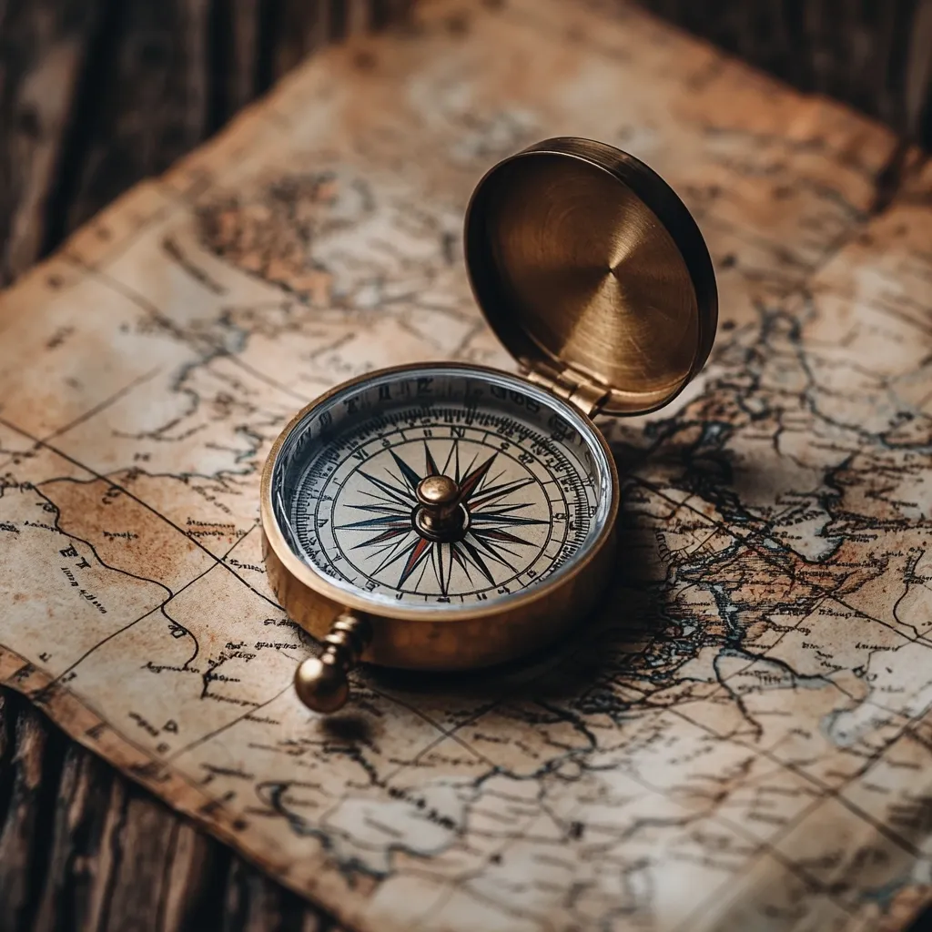 Here's a description of the image:

An antique brass compass rests open on an aged, antique world map. The compass's needle points towards the north, its intricate details sharply contrasted against the map's faded, sepia tones. The map itself shows geographical features with faded ink, suggesting age and extensive use.  The overall mood is one of adventure, history, and exploration, the scene evoking a sense of bygone journeys and discovery. The setting appears to be a dark, wooden surface.