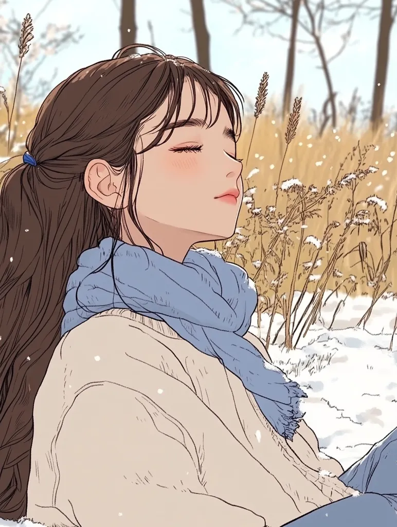 The illustration depicts a young woman with long brown hair tied back in a ponytail, resting peacefully in a snowy landscape.  She wears a light beige sweater and a light blue scarf.  Her eyes are closed, suggesting serenity or sleep. The background features tall, dried grasses dusted with snow and a line of trees in the distance, creating a tranquil winter scene. The style is clean and delicate, with soft lines and muted colors.  The overall mood is calm and peaceful.