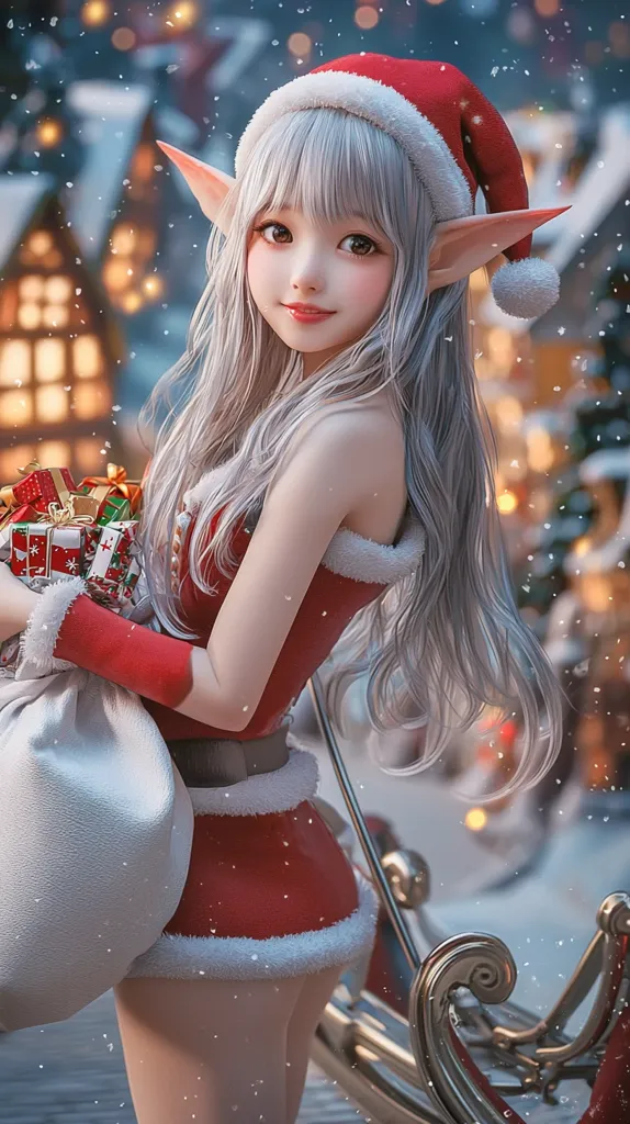A charming elf girl with long, silvery-white hair, dons a Santa-inspired red and white dress. She wears a matching Santa hat with elf ears peeking out.  She holds a sack and several Christmas presents in her arms, amidst a softly falling snow in a winter wonderland setting.  The background shows a snow-covered village with warm, glowing lights, suggesting a festive Christmas Eve scene. The elf is positioned near what seems to be a sleigh, adding to the holiday theme.