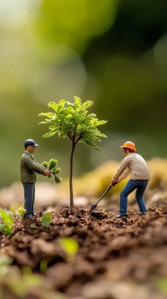 Here's a description of the image:

The image depicts a miniature scene of two figures planting a tree. One figure, dressed in a jacket and cap, carefully plants a sapling.  The other figure, wearing an orange hard hat, digs a hole with a small shovel. The figures are positioned around a young tree planted in dark brown soil. The background is blurred, showcasing a lush green environment, suggesting a natural and peaceful setting.  The overall effect is charming and symbolic, representing teamwork, environmentalism, or the act of planting for a better future.