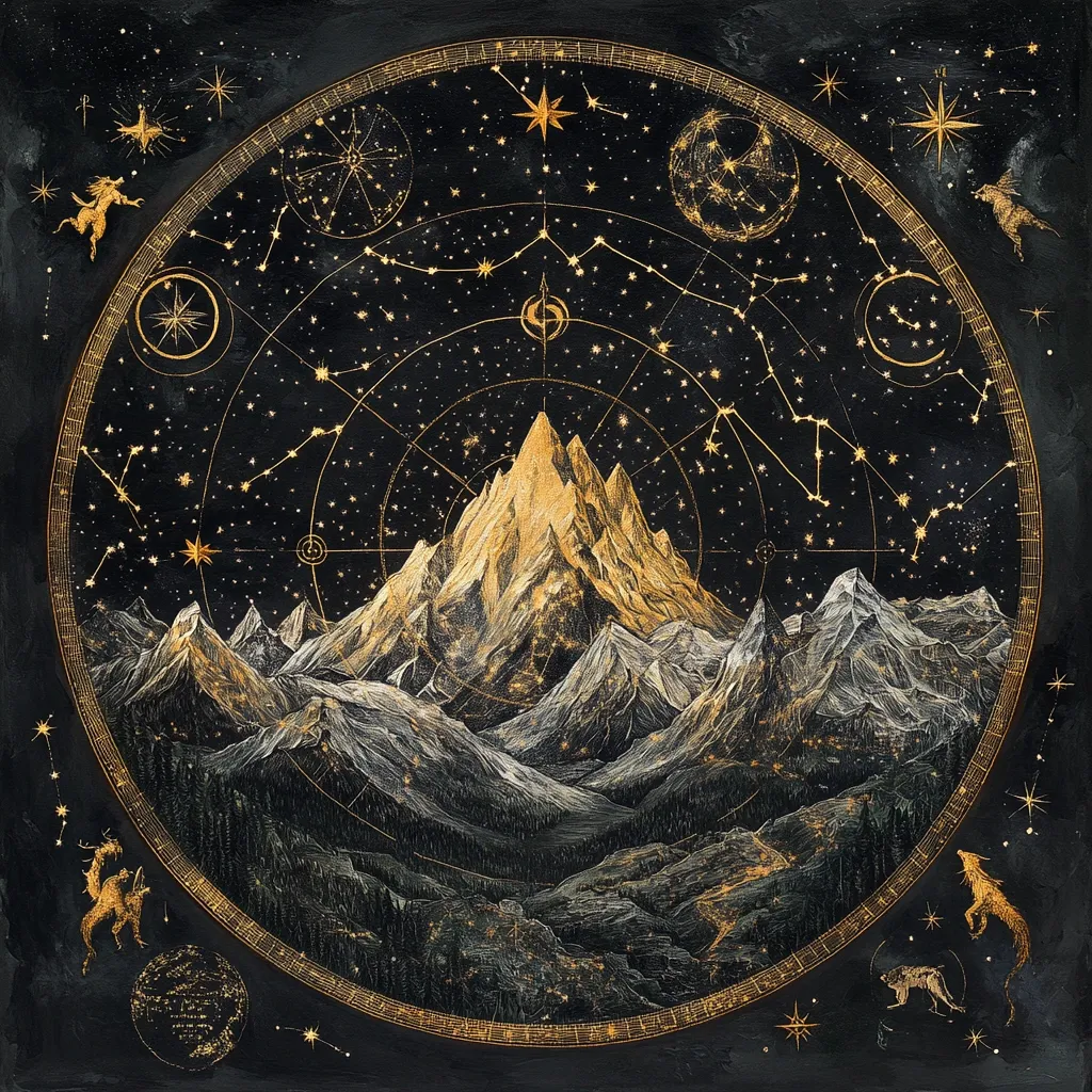 A celestial mountain range dominates this intricate artwork.  Rendered in gold and black, a majestic peak rises from a dark, shadowed landscape, encircled by a detailed celestial chart.  Constellations, stars, and celestial bodies gleam in gold against the black background, creating a harmonious blend of earthly and cosmic elements.  Mythical creatures are subtly incorporated around the circular chart, adding to the artwork’s fantastical atmosphere. The overall style evokes a sense of mystery and awe.