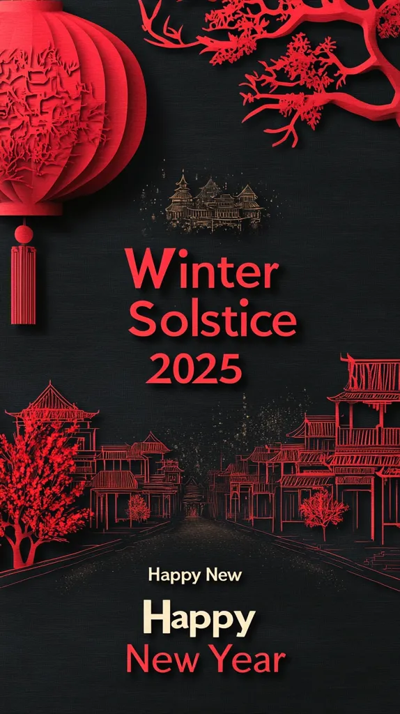 A dark red and black graphic design celebrates the Winter Solstice 2025 and the New Year. A large red paper lantern with intricate detailing hangs at the top left.  A stylized red paper-cut tree branch arches across the top.  The words "Winter Solstice 2025" are prominently displayed in bold red lettering.  Below, a sketched cityscape of Asian-style architecture is rendered in red, leading to a street.  Red paper-cut trees flank the street. At the bottom, "Happy New Year" is written in cream lettering.  The overall effect is elegant and festive.