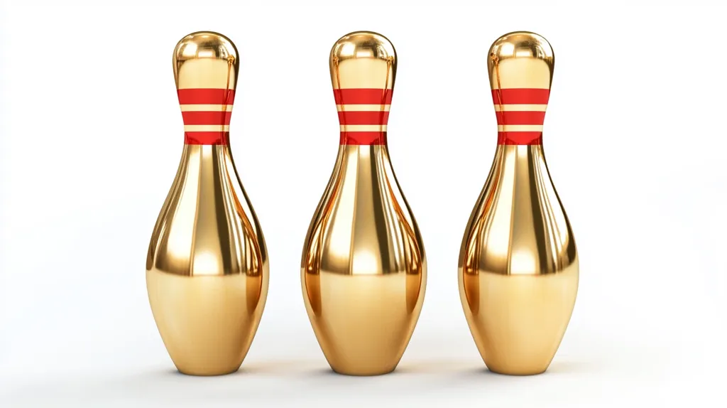 Here's a description of the image:

Three golden bowling pins stand in a row against a stark white background.  Each pin is highly polished, reflecting light, and features a thin band of red near the top. The pins are identical in size, shape, and design, creating a symmetrical and visually appealing arrangement. The image's simplicity highlights the pins' metallic sheen and luxurious appearance.
