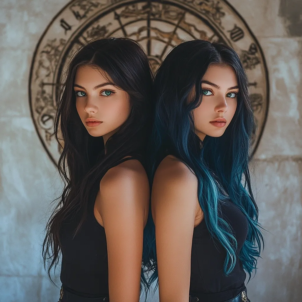 Two young women with striking contrasting hairstyles stand back-to-back.  One has long, dark brown hair, while the other's hair is a vibrant teal blue.  Both have fair skin and striking green eyes.  They wear identical black sleeveless tops and are positioned in front of an ornate, circular wall decoration reminiscent of a compass or astrological chart.  The image evokes a sense of mystery and twin-like symmetry.
