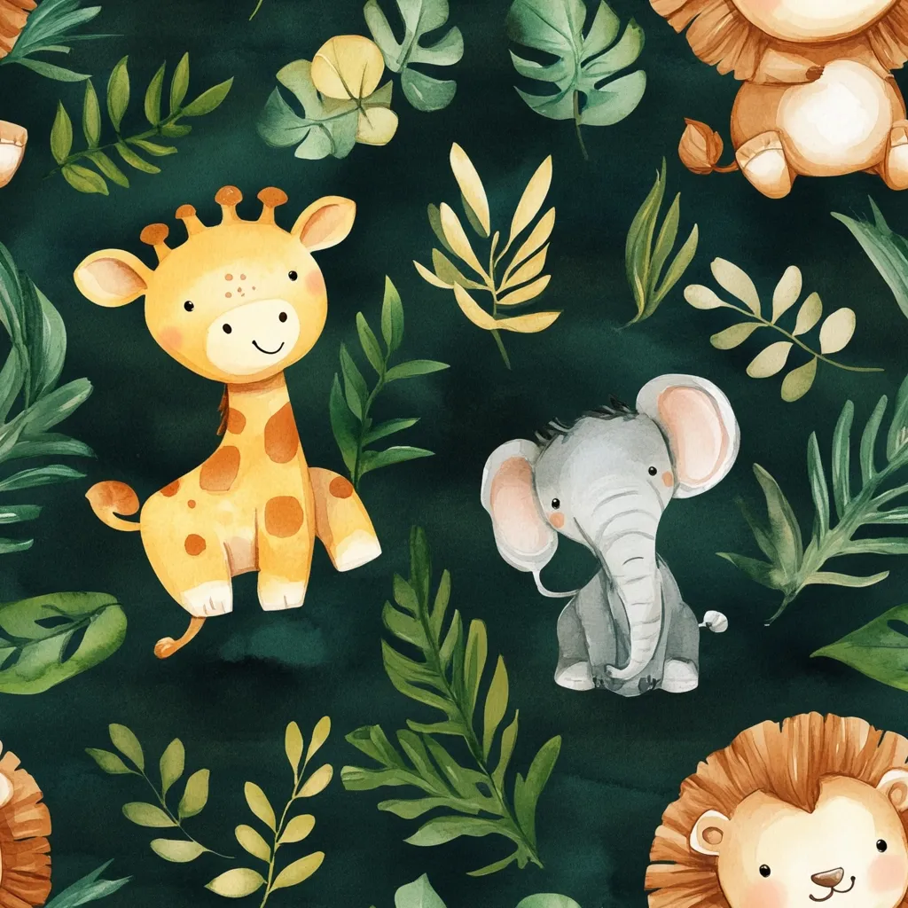 Here's a description of the image:

The image is a seamless pattern featuring adorable cartoon illustrations of African animals against a dark teal background.  The animals include a giraffe, an elephant, and two lions, all rendered in a watercolor style.  They are surrounded by various stylized green tropical leaves and plants, creating a lush jungle feel.  The overall aesthetic is whimsical and childlike, suitable for fabrics, wrapping paper, or children's products.  The color palette is muted and calming, with warm yellows and oranges contrasting against the cool greens and grays.