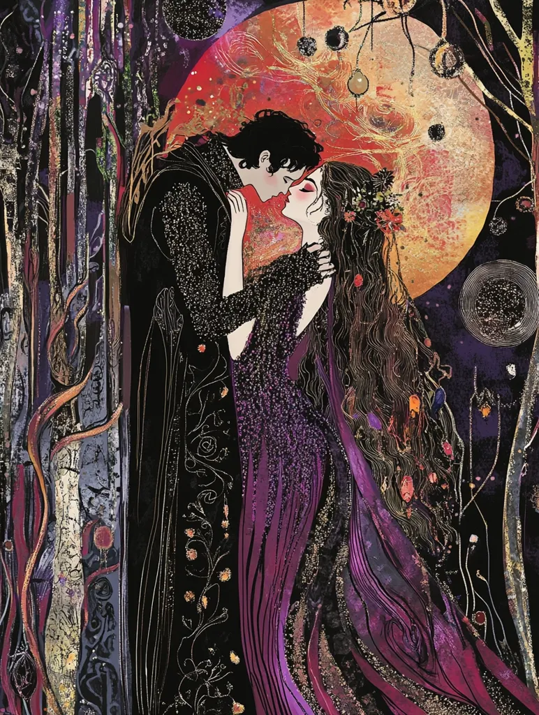 A romantic illustration depicts a couple embracing under a large, vibrant red moon adorned with golden embellishments.  The woman, in a shimmering purple gown, wears a floral crown, her long dark hair cascading around her. The man, in a dark, ornate robe, holds her close. The background features stylized, dark trees and a mystical, cosmic atmosphere with hints of gold throughout.  The artwork showcases intricate detail and a blend of dark and rich colors, creating a fairytale-like setting.