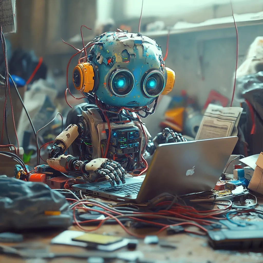 Here's a description of the image:

The image shows a whimsical, slightly worn-looking robot sitting at a cluttered desk, diligently working on a laptop. The robot has a round, teal head with bright blue glowing eyes and yellow earpieces, and its body is a mix of off-white and metallic components, with visible wires and internal mechanisms.  The desk is strewn with various electronic parts, wires, and papers, suggesting a workshop or tinkering space. The overall style is highly detailed and digital, leaning towards a steampunk or retro-futuristic aesthetic. The lighting is soft and diffused, creating a slightly moody but engaging atmosphere.