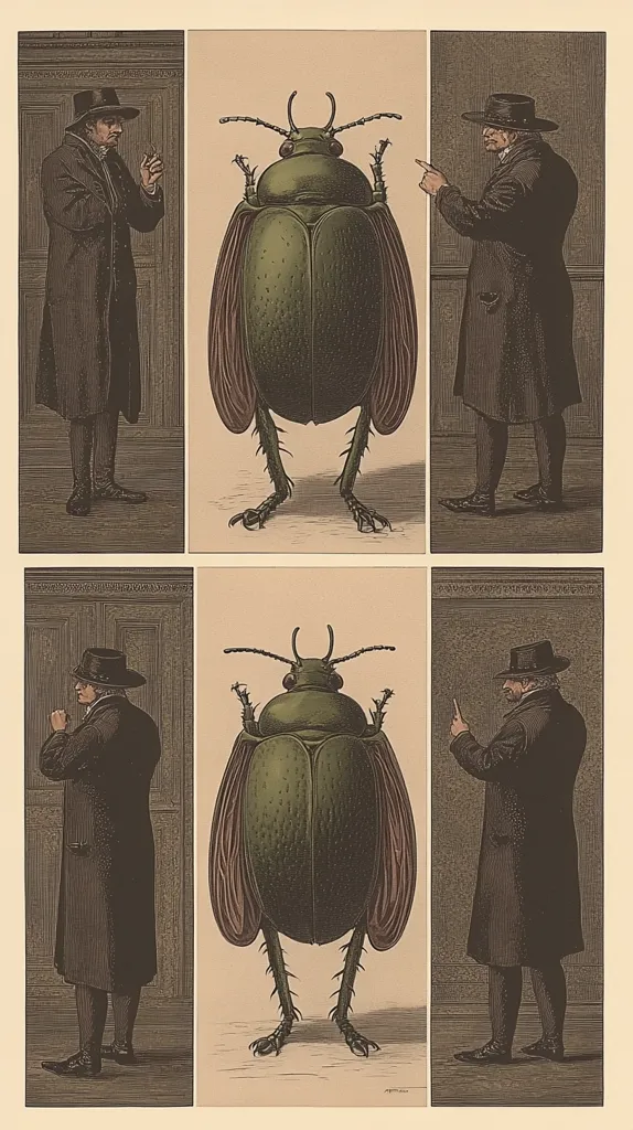 This image is a whimsical illustration depicting four panels. Each panel shows a man in a long coat and hat standing beside a large, exaggeratedly drawn green beetle.  The men are positioned similarly in each pair of panels; one is facing the viewer, the other is shown from behind. The beetles are identical in each panel, with long legs and prominent wing casings.  The juxtaposition of the men and the oversized insects creates a humorous and slightly surreal effect.  The style suggests a vintage print or book illustration.