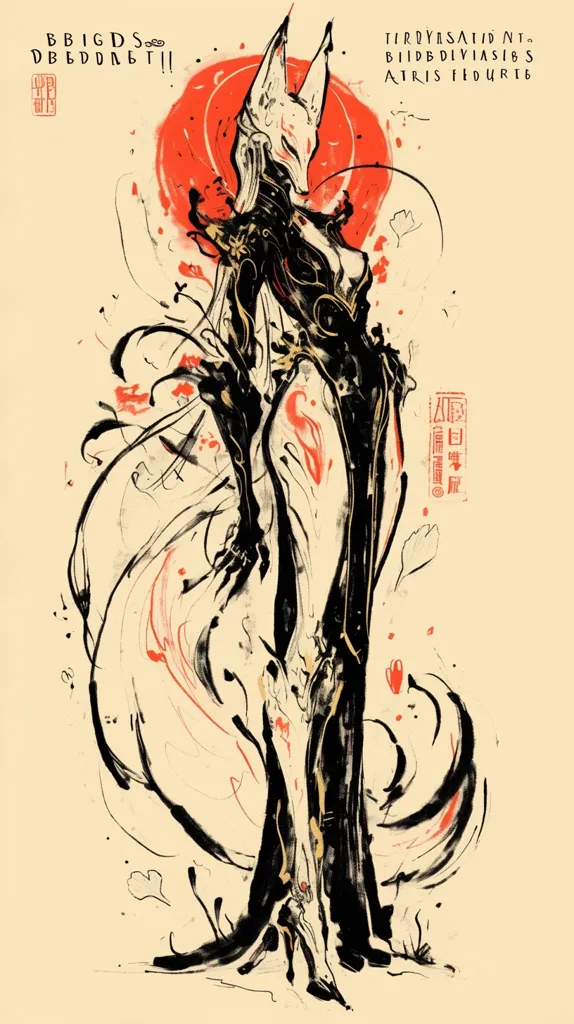 Here's a description of the image:

The artwork is a stylized portrait of a Kitsune, a Japanese fox spirit.  Rendered in a dynamic, expressionistic style, the Kitsune is depicted in a flowing, black and gold garment against a cream-colored backdrop.  A large, red sun or moon is visible behind it.  The style evokes sumi-e ink painting, with bold brushstrokes and splashes of red accentuating the figure's form and the dramatic background.  Unintelligible text is present in several places, both above and within the artwork, hinting at a narrative or artistic statement. The overall impression is one of elegance, power, and a mystical, oriental aesthetic.