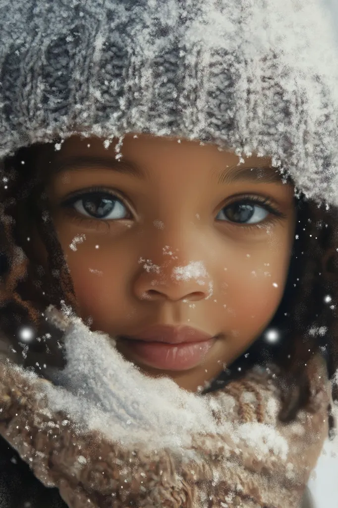 Here's a description of the image:

Close-up of a young girl with dark brown skin and dark hair, partially obscured by a thick, gray knit hat and a scarf.  The hat and scarf are heavily covered in snow, as is the girl's face, giving her a soft, almost ethereal quality. Her large, expressive eyes are striking, with a hint of melancholy in her gaze. The overall feeling is one of winter charm and quiet beauty, with a focus on the texture of the snow and the girl's warm clothing. The image seems digitally painted or enhanced, with a slightly dreamlike quality.