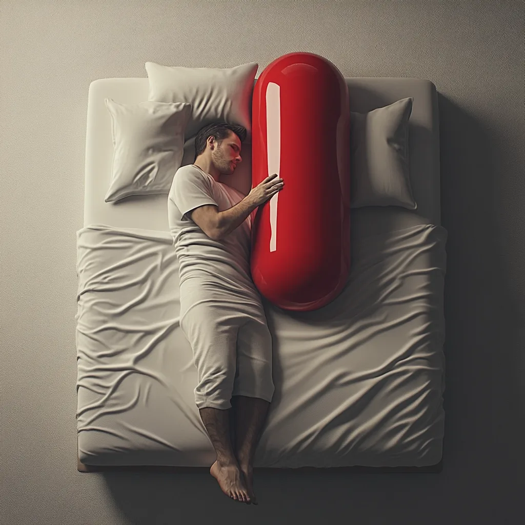 Here's a description of the image:

The overhead shot depicts a man lying in bed, asleep or unconscious, embracing a giant red capsule.  The capsule is comically oversized, dominating the frame and emphasizing the man’s small stature in comparison. He’s dressed in simple, light-colored pajamas.  The bed is unmade, with slightly rumpled sheets and pillows. The overall mood is somber, suggesting dependence or reliance on medication, possibly hinting at sleep medication or addiction.  The setting is dimly lit, adding to the feeling of unease.