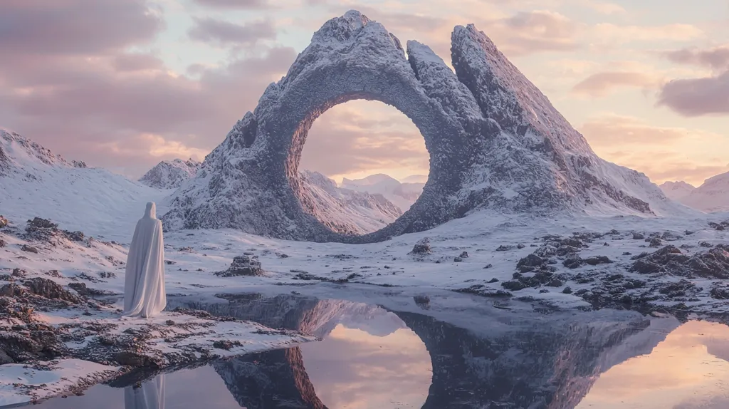 A lone figure, cloaked in white, stands before a breathtaking winter landscape.  A massive, snow-covered rock formation dominates the scene, its center pierced by a perfect circular opening framing a serene valley.  The pale light of dawn or dusk casts a soft glow on the snow-covered mountains and the still, reflective waters of a small lake at the base of the rock arch. The overall mood is one of peaceful solitude and ethereal beauty.