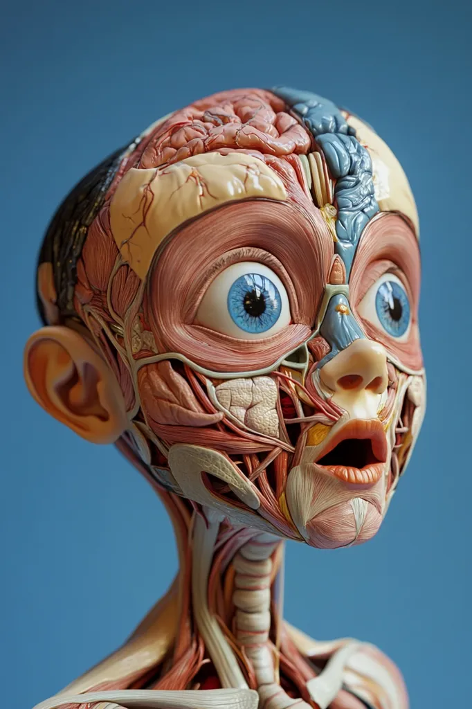 Here's a description of the image:

The image shows a detailed anatomical model of a cartoonish human head and neck.  The model is rendered in vibrant colors, displaying the intricate network of muscles, nerves, and bones beneath the skin. The brain is partially visible, and the eyes are large and expressive, conveying a look of surprise or shock. The overall style is a blend of realistic anatomical precision and whimsical cartoon aesthetics, creating a striking and unusual visual effect. The background is a simple, solid blue.