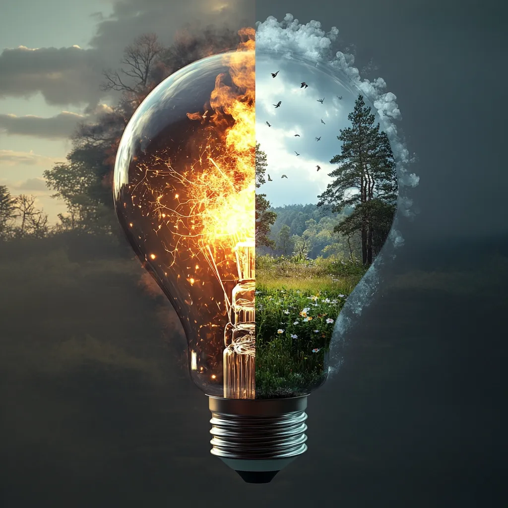 A lightbulb is split in two, representing contrasting concepts. One half showcases a vibrant, flourishing meadow with a forest and birds in flight, symbolizing nature and renewal. The other half depicts fiery sparks and burning embers, suggesting energy and possibly destruction.  The image powerfully juxtaposes environmental conservation with the destructive potential of uncontrolled energy consumption.  The whole creates a thought-provoking visual metaphor about sustainability and the choices humanity faces.