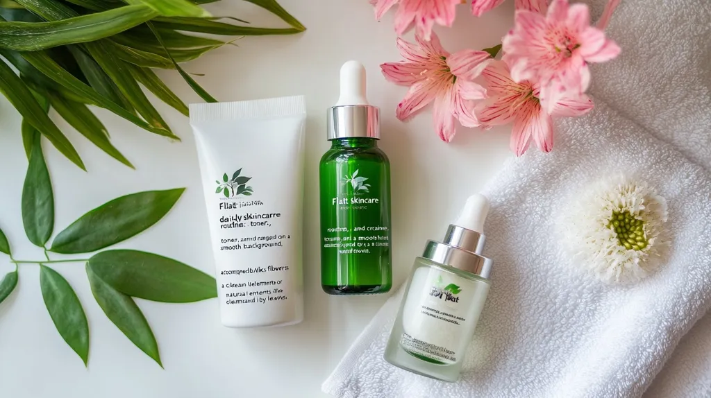 Here's a description of the image:

The image showcases three skincare products from the brand "Flatt Skincare" arranged on a white surface.  A tube of toner, a green glass bottle of serum, and a clear glass bottle of what appears to be a face oil are neatly positioned.  Surrounding the products are lush green leaves, delicate pink flowers, and a soft white towel, creating a spa-like, natural aesthetic.  The product labels highlight natural ingredients and a focus on a daily skincare routine.