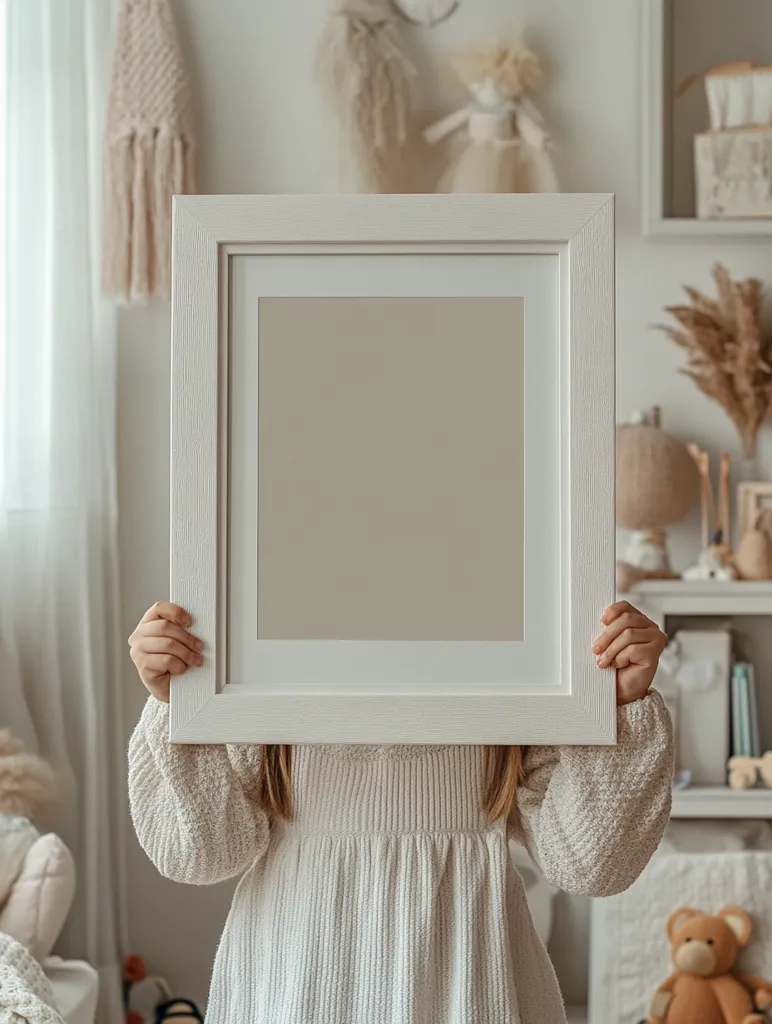 A young child, wearing a cream-colored sweater dress, holds a large, white picture frame in front of their face.  The frame obscures their features, leaving only their arms and part of their hair visible.  The background is a softly lit, neutral-toned nursery, featuring shelves with toys and decorative items, creating a calm and serene atmosphere. The overall aesthetic is minimalist and childlike.