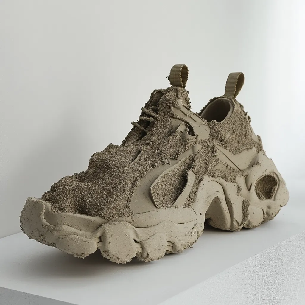 A chunky, beige sneaker is heavily coated in a coarse, granular material, resembling sand or cement.  The texture is rough and uneven, obscuring much of the shoe's original design.  Small loops at the top suggest laces, and the overall form indicates a high-top, athletic style. The shoe sits on a minimalist white surface, emphasizing its unique, textured appearance.  The effect is one of both ruggedness and artistic expression.