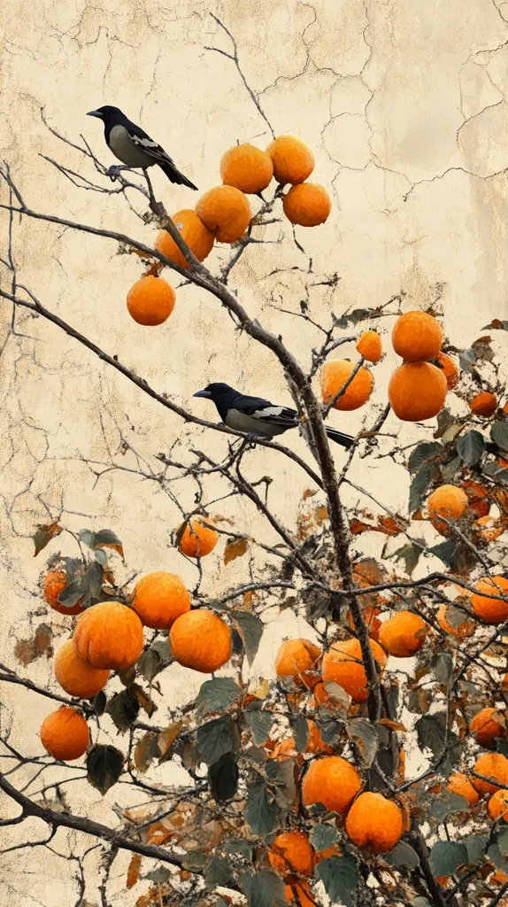Two black and white birds perch on the branches of a fruit tree laden with ripe, orange fruit. The tree is somewhat bare, with many dark branches against a textured, off-white background that resembles aged plaster or stone. The oranges are clustered together, varying slightly in shade, creating a vibrant contrast to the birds and the muted background. The overall impression is one of autumnal stillness and a serene natural scene.