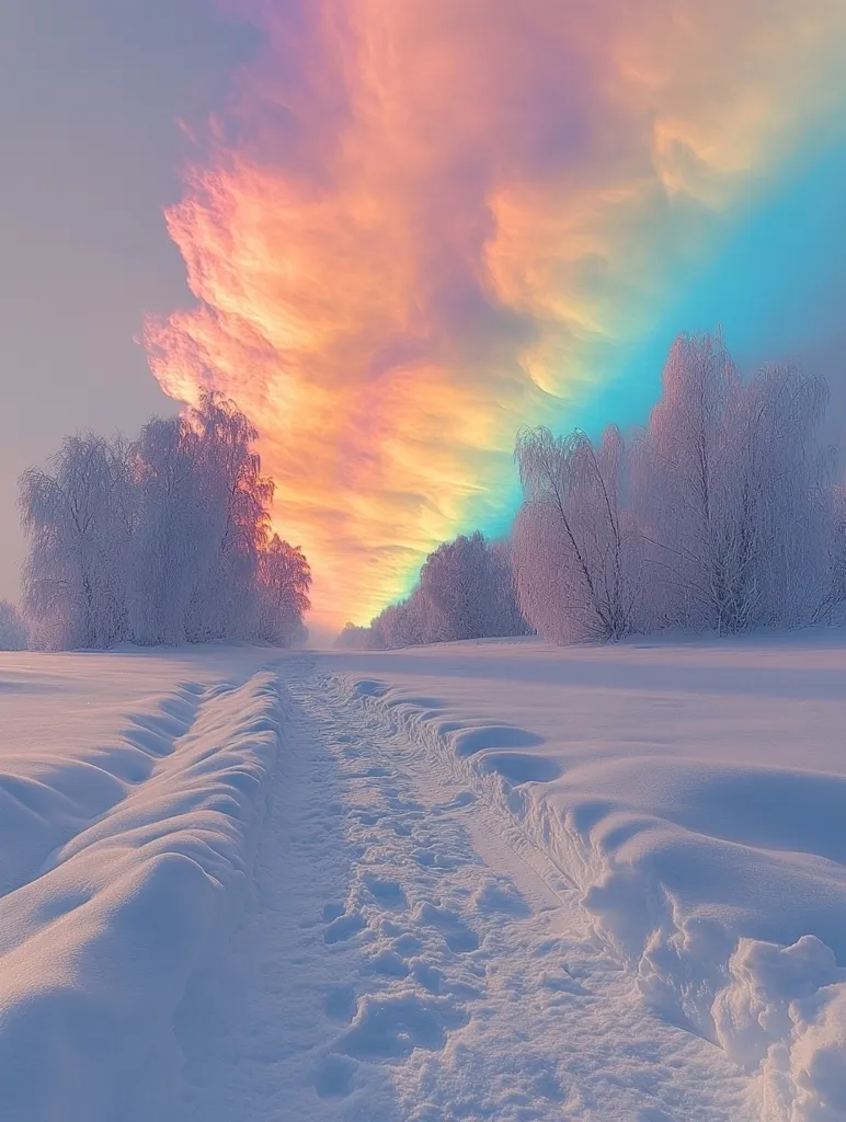 A snow-covered path winds through a winter wonderland, leading towards a breathtaking pastel sky.  Frost-covered trees line the path, their branches silhouetted against a vibrant, almost surreal, rainbow-hued sunset. The clouds display a spectrum of soft oranges, pinks, blues, and yellows, creating a magical and serene atmosphere. The scene evokes a sense of peace and tranquility, a picturesque moment captured in a frosty landscape.