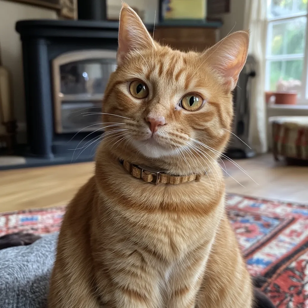Here's a description of the image:

Close-up view of a ginger cat sitting on a rug. The cat has bright orange fur,  pointed ears, and large, expressive yellow-green eyes.  It's wearing a light brown collar.  The background is slightly blurred but shows a wood-burning stove and a portion of a patterned rug.  Natural light illuminates the scene, highlighting the cat's fur. The overall impression is one of warmth and domestic comfort.