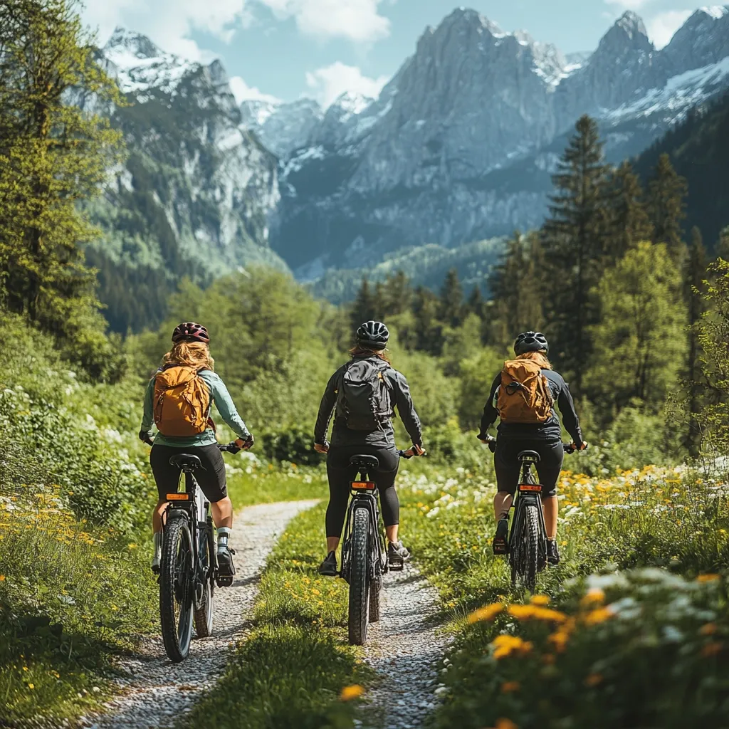 Three women, wearing helmets and backpacks, cycle along a gravel path.  Their e-bikes are visible from behind, as they journey through a verdant landscape. Towering mountains, partially snow-capped, form a dramatic backdrop, while wildflowers bloom along the roadside, enhancing the idyllic setting. The scene captures a moment of peaceful outdoor adventure.