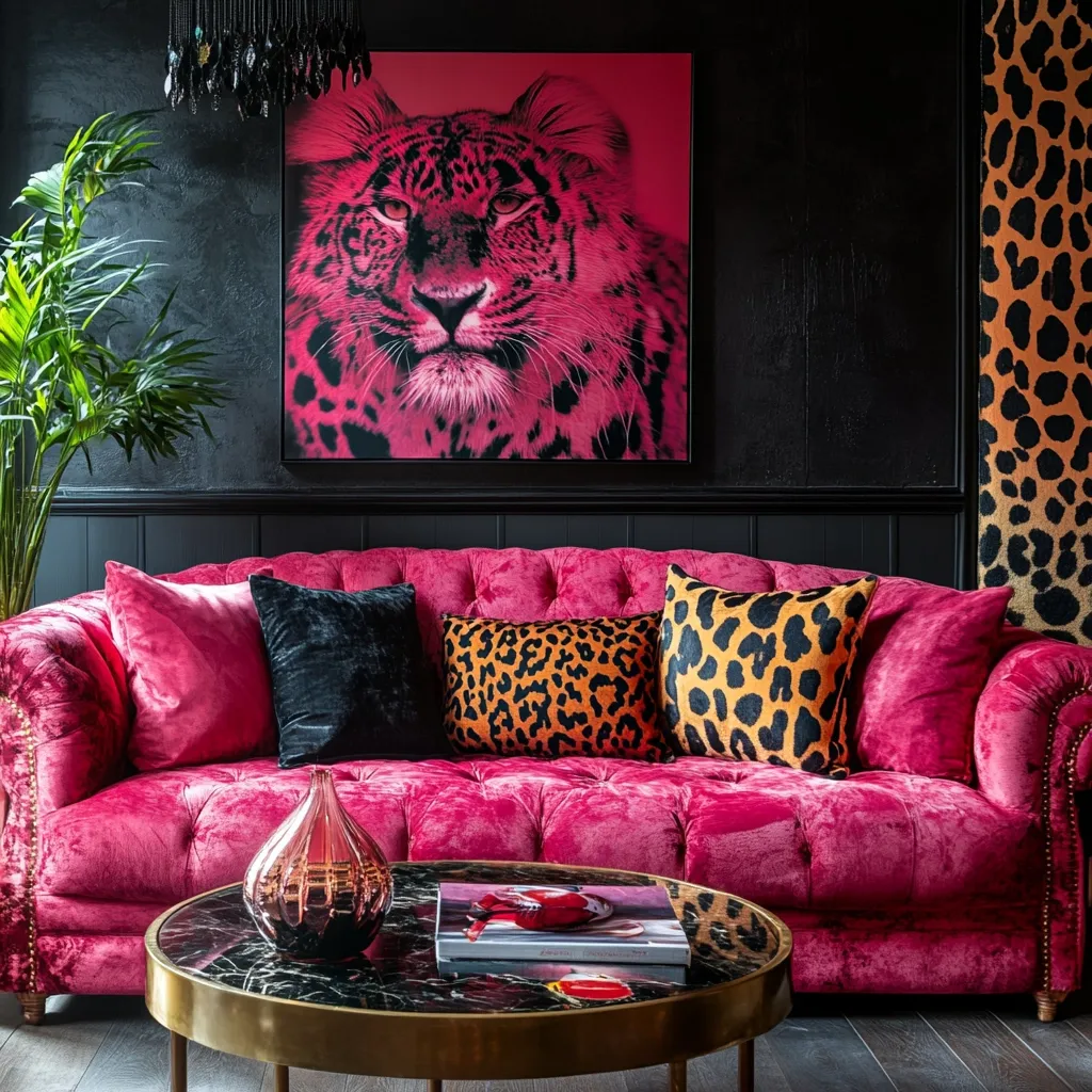 A vibrant pink velvet sofa dominates a darkly glamorous room.  It's adorned with leopard-print and dark velvet cushions.  Above the sofa hangs a striking oversized artwork of a pink leopard.  The room's dark walls contrast sharply with the sofa and artwork, creating a bold, luxurious aesthetic. A gold-rimmed coffee table sits in front, displaying a book and a rose-gold vase.  Leopard print drapes add to the room's animal-inspired theme.