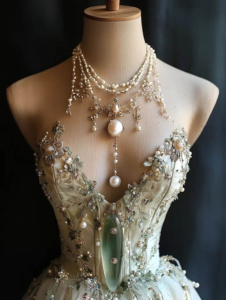 Here's a description of the image:

The image showcases an exquisite, ivory-colored ballgown adorned with intricate gold embroidery and delicate pearl accents.  A lavish, multi-stranded pearl necklace with gold detailing and large, lustrous pearls rests on the bodice.  The necklace features a central pendant and dangling elements, complementing the gown's ornate design.  A striking, elongated jade or green glass pendant hangs from the gown's center, adding a unique touch to the overall luxurious and romantic aesthetic.  The gown and necklace are displayed on a dress form against a dark backdrop.