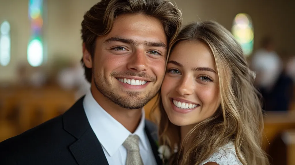 Here's a description of the image:

A close-up shot features a beaming young couple, possibly newlyweds, in what appears to be a church. The man, with styled light brown hair and a neatly trimmed beard, wears a dark suit and a light-colored tie. He rests his arm around the woman who has long, wavy blonde hair and is wearing a white, lacy dress. Both have bright, white smiles, suggesting happiness and possibly a celebratory moment. The background is softly blurred, but shows church pews and stained-glass windows, enhancing the romantic ambiance. The overall mood is joyful and intimate.