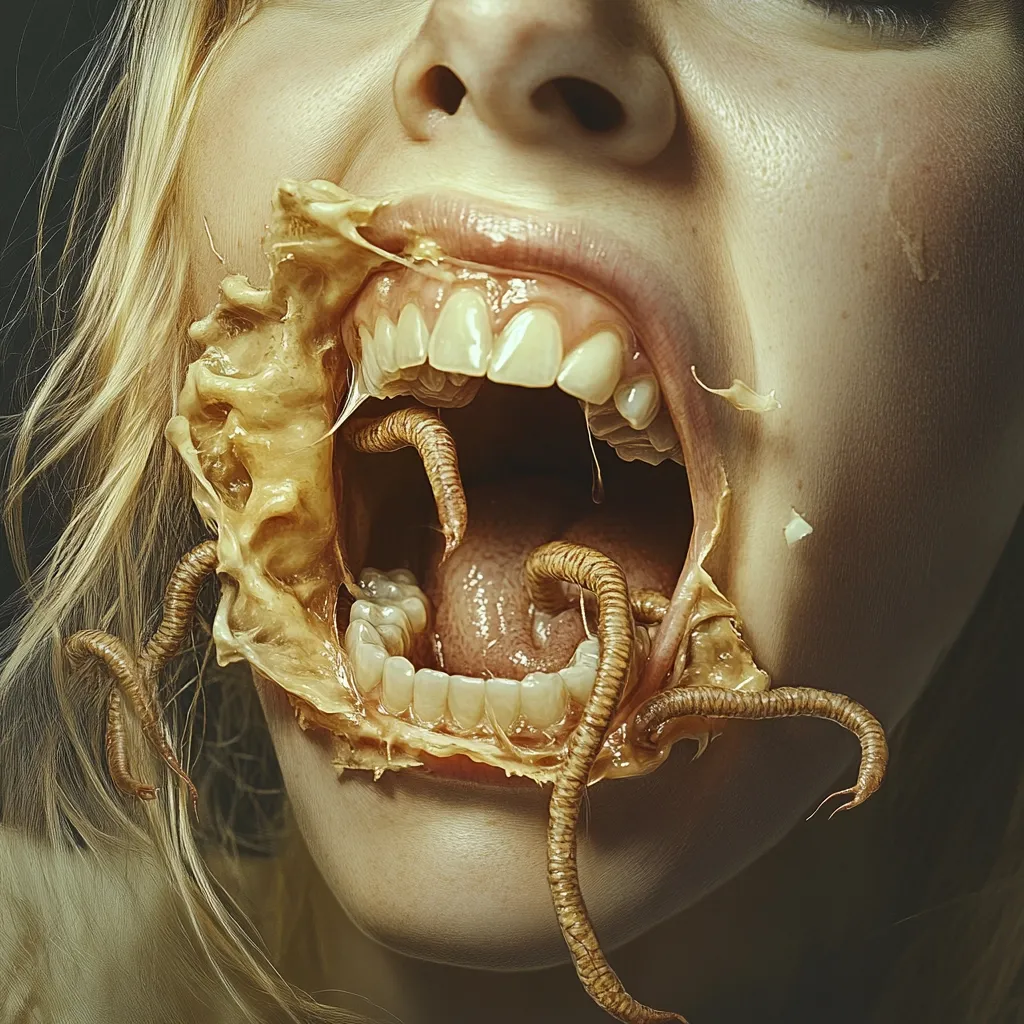 Close-up of a woman's face, her mouth agape, revealing a disturbing scene.  Her skin appears to be decaying or melting, revealing underlying bone structure.  Numerous pale, worm-like creatures crawl in and around her mouth, some extending from within the open flesh. The image is surreal and unsettling, evoking themes of body horror and decay.  The overall tone is dark and grotesque.