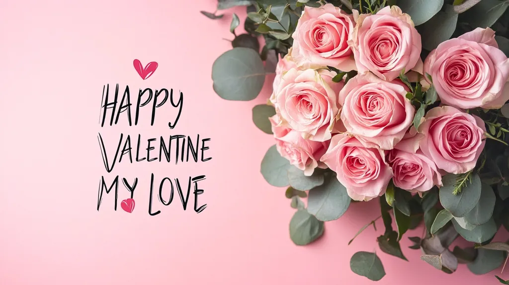 Here's a description of the image:

A vibrant pink background is adorned with a bouquet of light pink roses and eucalyptus leaves, nestled in the bottom right corner.  To the left, the words "HAPPY VALENTINE MY LOVE" are playfully written in a stylized black script, accompanied by small, hand-drawn hearts. The overall aesthetic is romantic and celebratory, perfect for a Valentine's Day greeting.  The soft colors and delicate flowers create a feeling of warmth and affection.