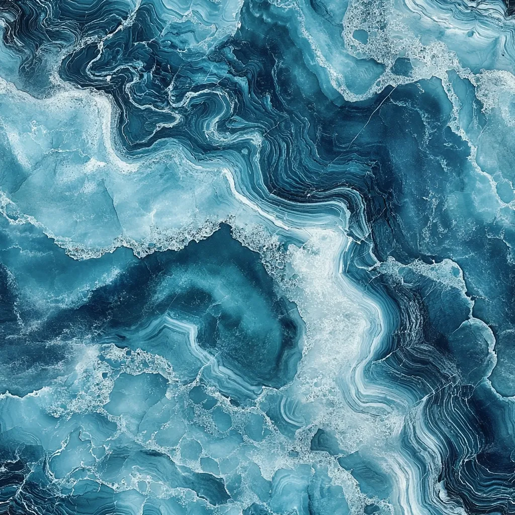 The image showcases a mesmerizing abstract pattern reminiscent of swirling ocean waves.  Predominantly teal and deep blue hues create a fluid, marbled effect.  Lighter, almost white, veins and streaks contrast sharply, adding depth and texture. The overall impression is one of calming movement and ethereal beauty, suggestive of a serene underwater landscape or a richly veined gemstone.