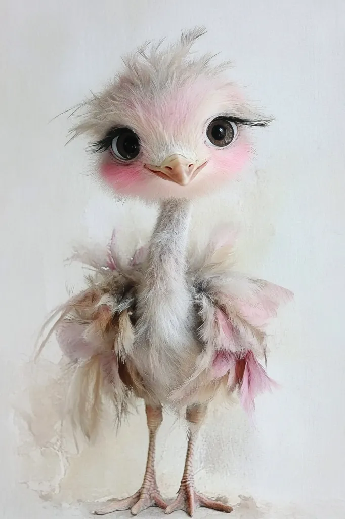 Here's a description of the image:

The image is a close-up of a stylized baby ostrich.  Its fluffy plumage is primarily off-white and light gray, accented with soft pink feathers, particularly around its face and the edges of its body.  Large, expressive eyes with dark pupils and noticeable eyelashes add to its endearing appearance. Rose-tinted cheeks enhance its cuteness. The ostrich chick stands on slender legs, its overall impression being one of delicate beauty and innocence. The background is a simple, light off-white wall.
