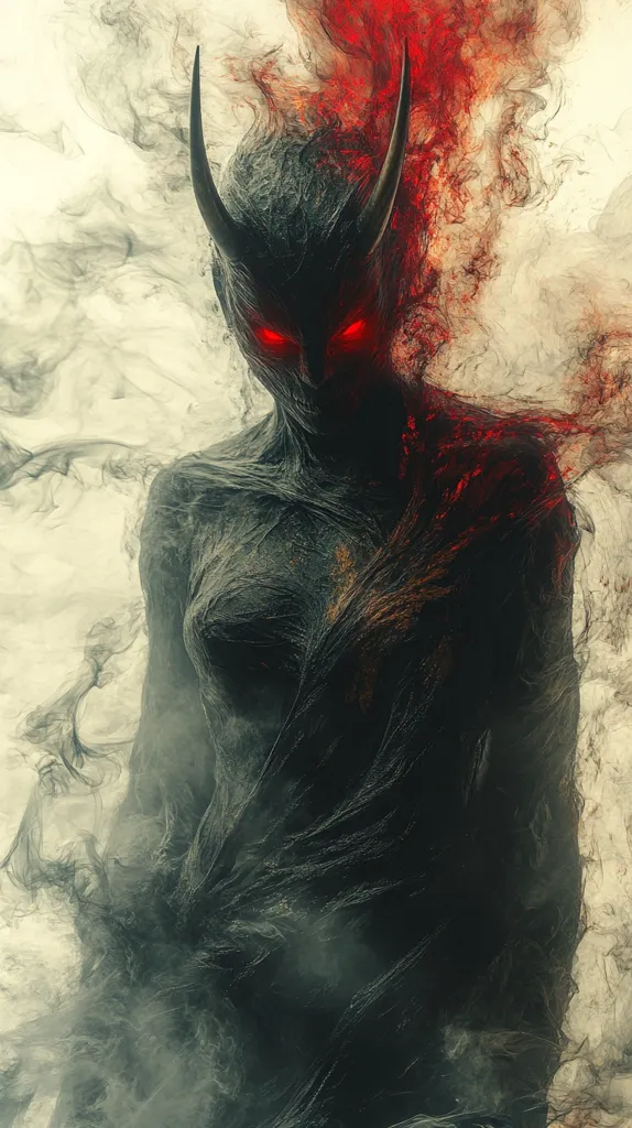 Here's a description of the image:

The artwork depicts a demonic female figure shrouded in swirling smoke.  Her dark, textured skin appears almost skeletal, with prominent horns curving back from her head.  Glowing red eyes pierce the gloom.  A fiery, red-tinged smoke billows behind her, contrasting sharply with the dark, grayish-black tones of her body and the surrounding smoke.  The overall effect is one of ominous power and otherworldly menace, a creature emerging from smoke and shadow.