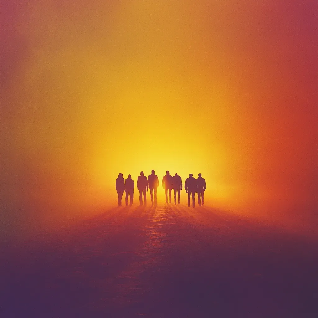 Here is a description of the image:

A group of eight silhouetted figures walk towards a bright, hazy orange and yellow sunset. The figures are evenly spaced, moving in a single file line. They appear to be walking across a flat, empty landscape, possibly snow-covered, shrouded in a thin fog or mist. The overall mood is mysterious and evocative, suggesting a journey or pilgrimage towards an unseen destination. The warm, intense colors of the sky dominate the image, creating a dramatic and somewhat ominous atmosphere.