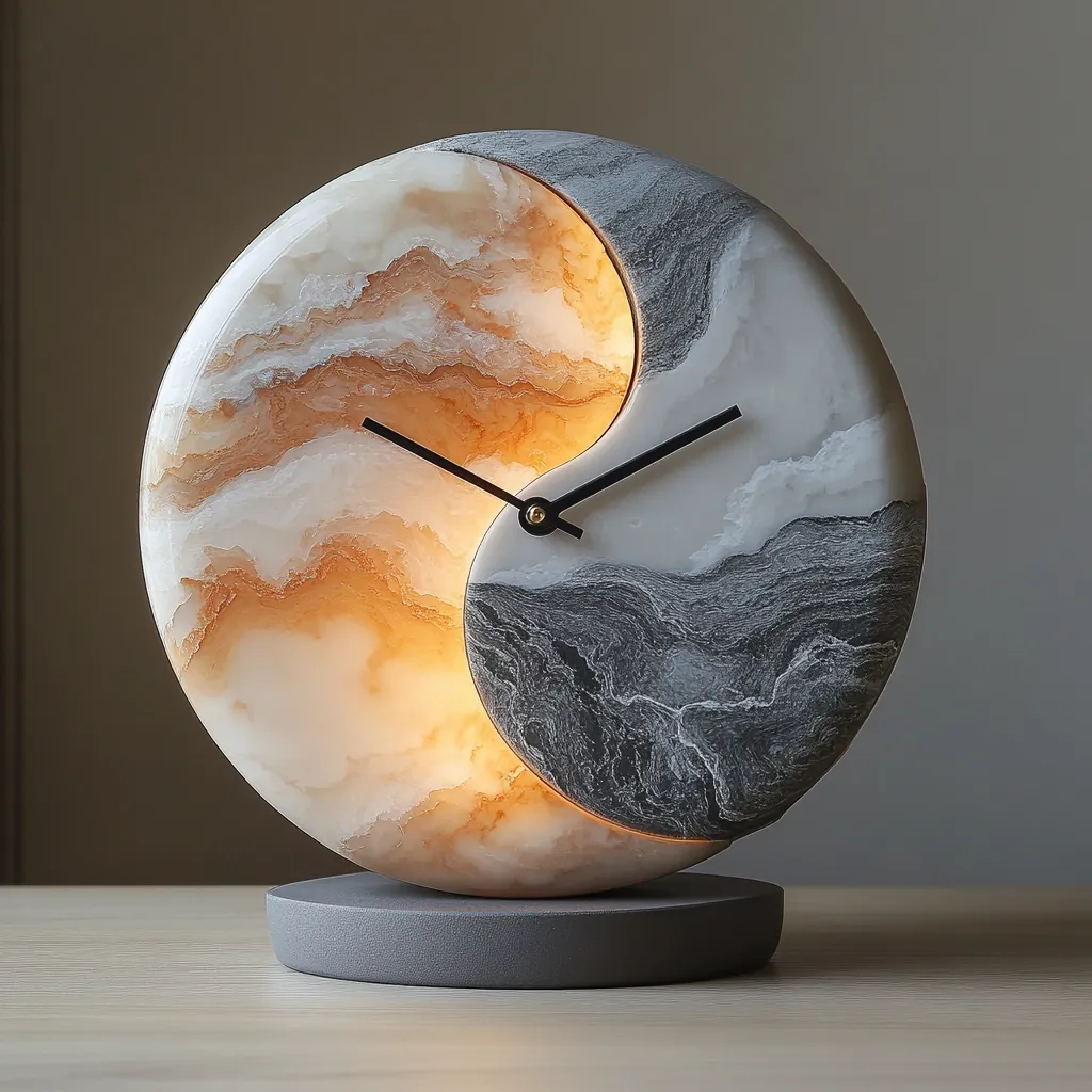 This image shows a unique clock crafted from two contrasting types of marble.  One half is a warm, translucent beige, internally lit to glow softly, while the other is a cool, dark grey with swirling veining.  The two halves form a yin and yang symbol, mounted on a simple grey base.  Simple black hands mark the time against the marble face. The overall design is elegant and minimalist, blending natural materials with modern clockwork.