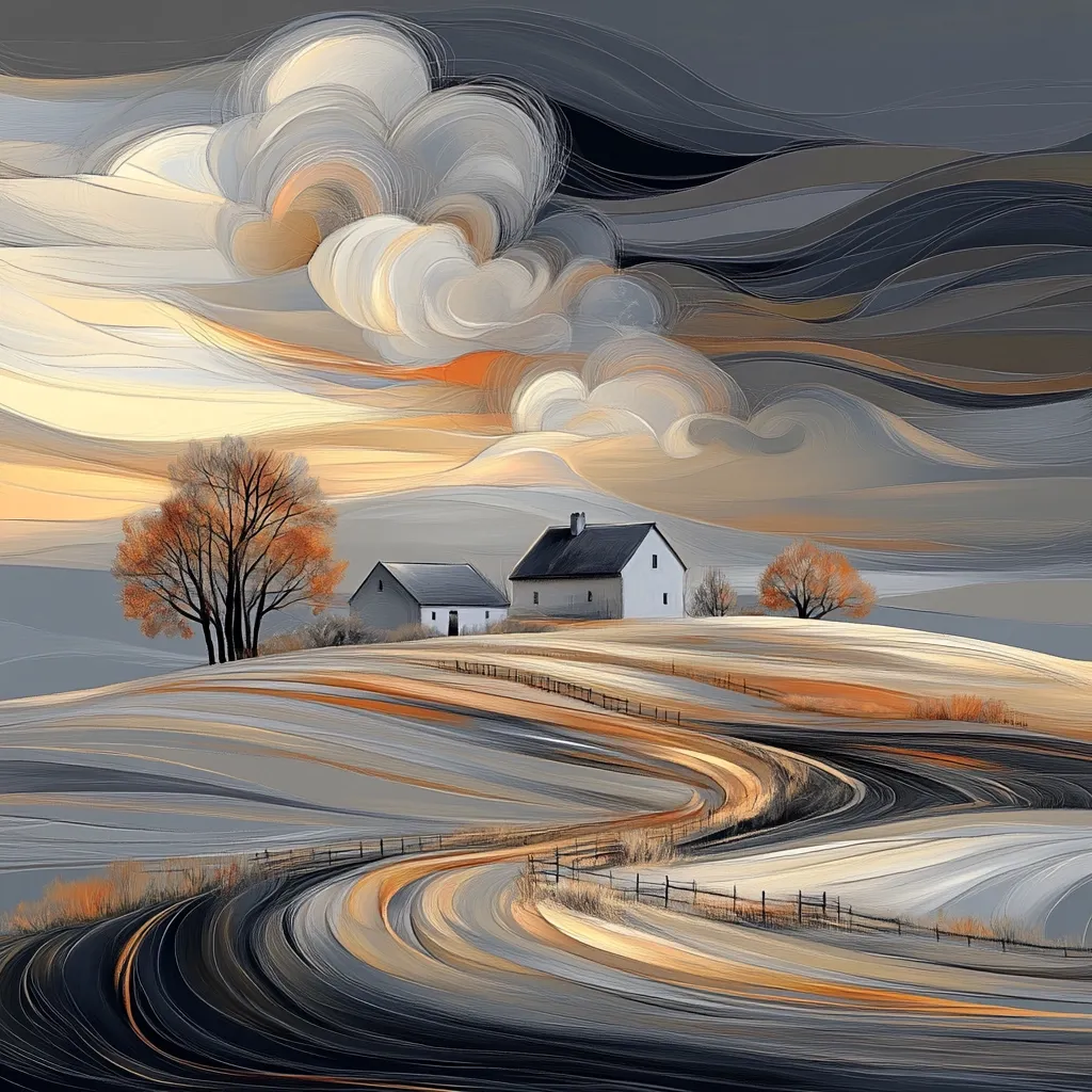 The artwork depicts a serene countryside scene under a dramatic sky.  Two small, white houses sit on a gently rolling hill, flanked by leafless trees.  A winding road snakes through the undulating landscape, which is rendered in swirling, abstract brushstrokes of gray, beige, and orange hues. The sky is a masterpiece of flowing clouds, primarily gray and white, with hints of warm orange near the horizon, creating a captivating contrast. The overall style is painterly and impressionistic, emphasizing mood and texture over strict realism.