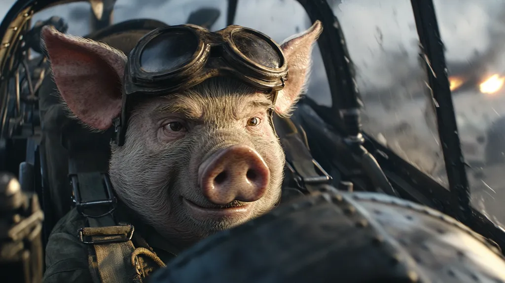 Here's a description of the image:

Close-up view of an anthropomorphic pig wearing aviator goggles and a flight suit, seated in the cockpit of a World War II-style aircraft.  The pig's expression is serious yet subtly amused. Rain streaks the cockpit's transparent cover, and a blurry background suggests an aerial battle. The pig's realistic fur and human-like features create a striking contrast with the war setting, producing a compelling and slightly unsettling image.